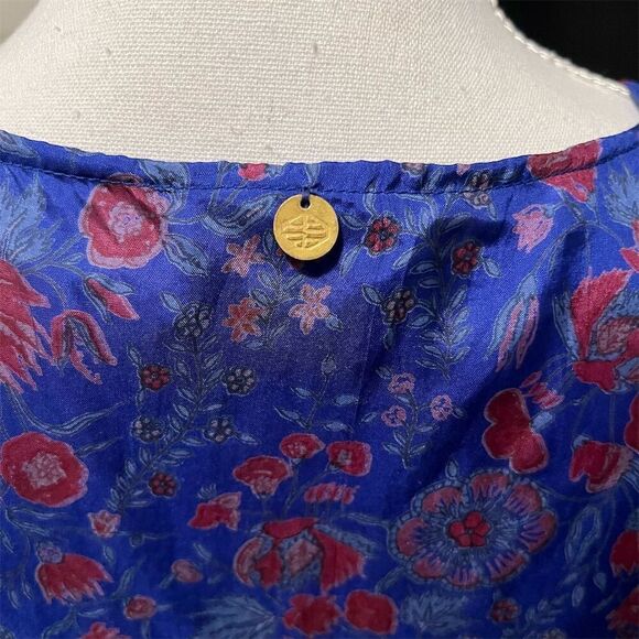 Anthropologie Antik Batik Blue Floral Silk Ruffle Cap Sleeve Blouse Size Small - Picture 7 of 15